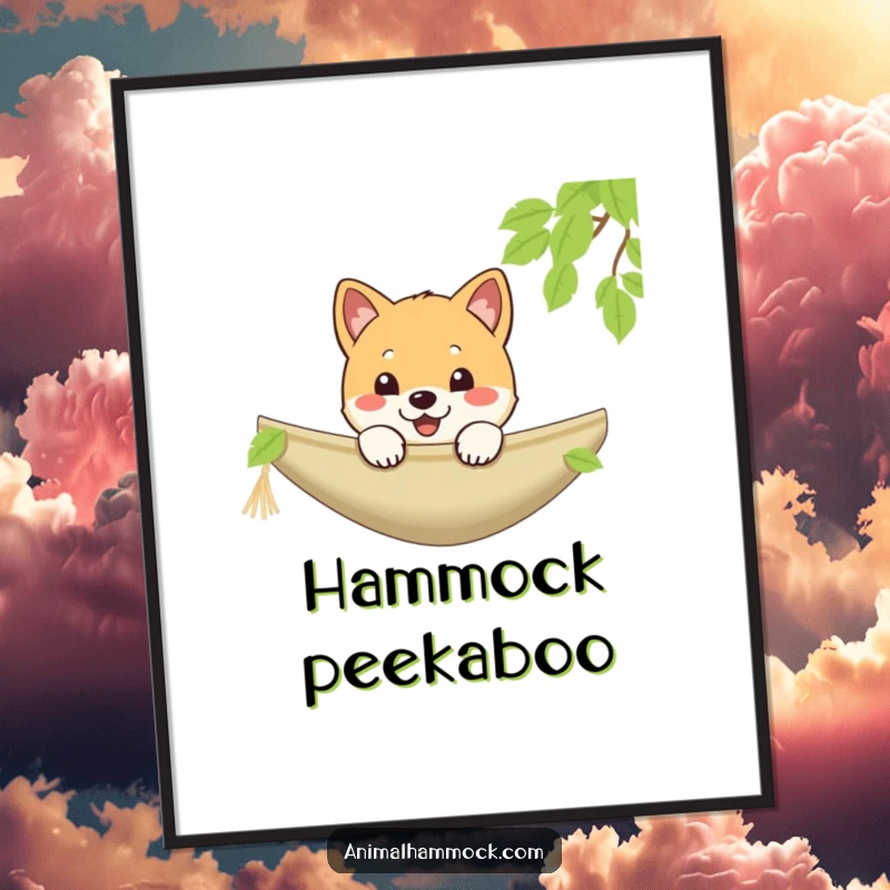 Funny Shiba Inu poster displaying a playful puppy cheerfully peeking over a hammock, adding humor to decor, a great funny gift.