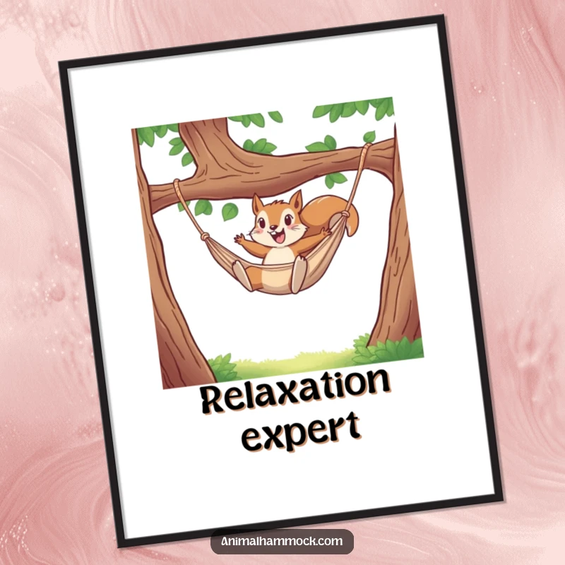 Funny poster captures a squirrel in mid-leap, gracefully entering a hammock with sheer delight. Hilarious wall art for joyful spaces.
