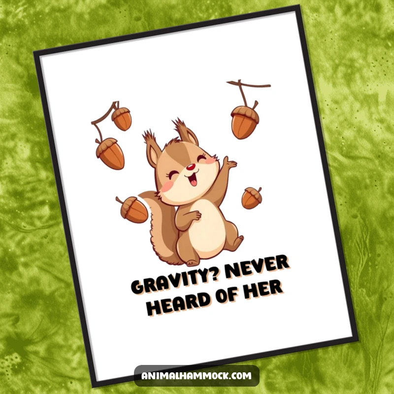 Funny squirrel character suspended in mid-air, juggling acorns with dynamic action, presented as humorous wall art.