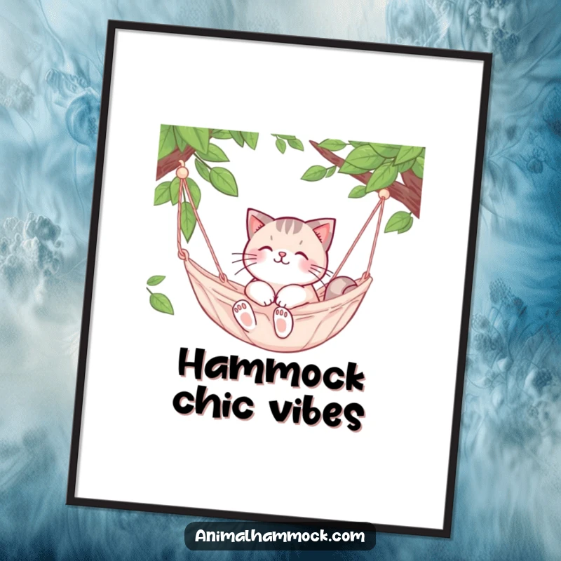 Funny Cat Poster: A cute cat character is happily snuggled in a gently swaying hammock, looking peaceful and funny.