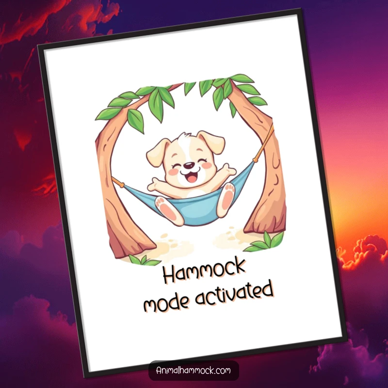 Funny Puppy Poster depicting a playful dog doing a joyful stretch while lounging in a hammock, a vibrant piece of humorous wall art.