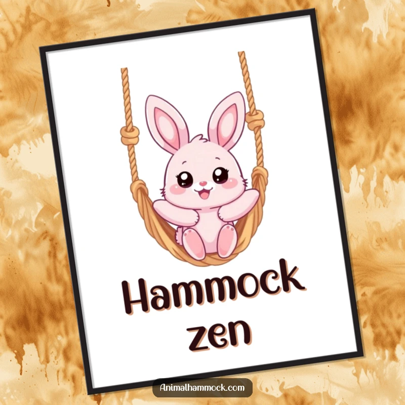 Funny poster showcasing a fluffy pink bunny with big eyes, blissfully swinging high on a knotted rope hammock, embodying pure relaxation.