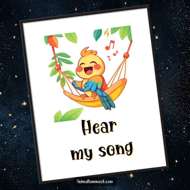 Funny joyous parrot singing from a brightly colored hammock, printed as a vibrant poster, creating a cheerful and humorous focal point.