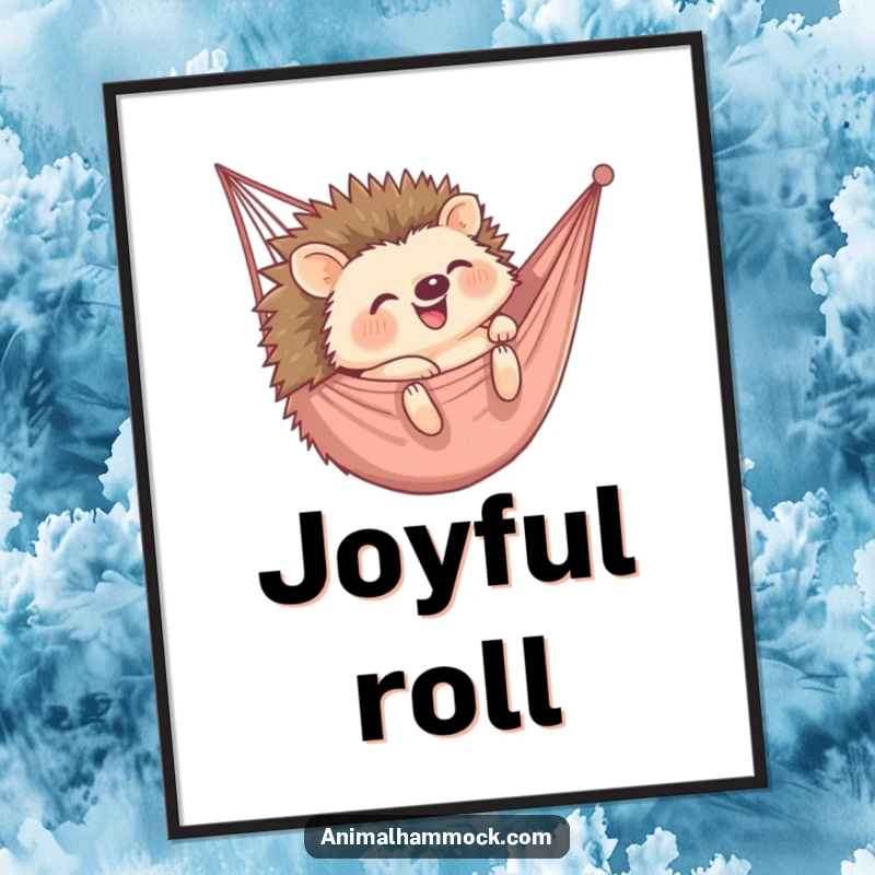 Funny poster art captures a happy hedgehog tumbling into a hammock, exuding pure delight and giggles. Perfect cheerful decor.