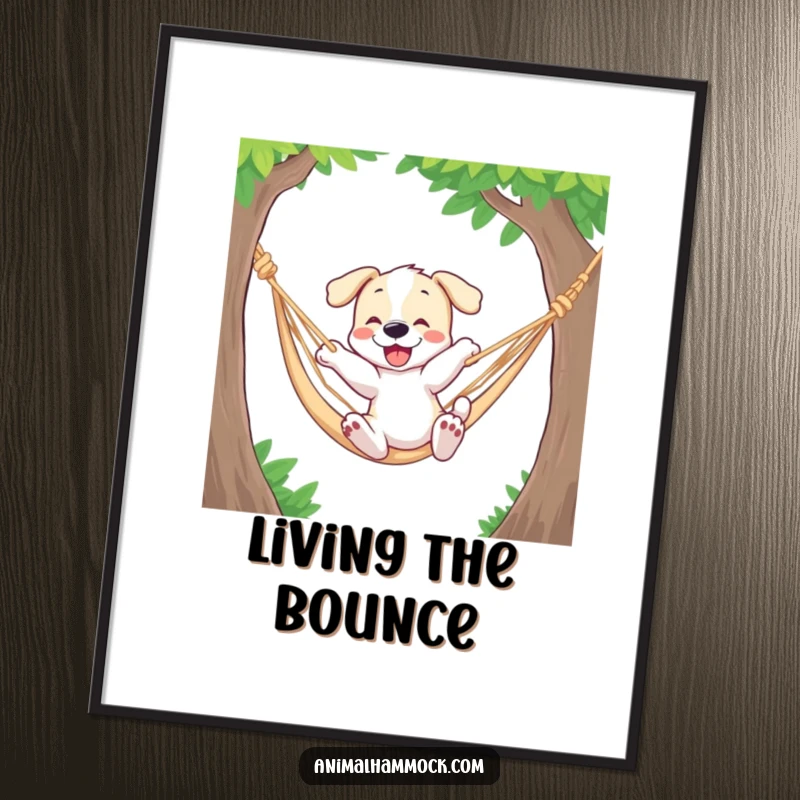 Funny poster featuring a playful puppy mid-bounce in a hammock, radiating infectious energy and cheerful doggy delight.