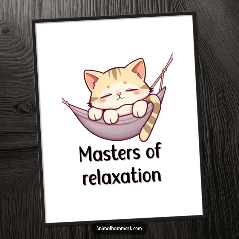 Funny poster showcasing a sleepy cat draped over a hammock, creating a humorous and relatable scene of pure relaxation.