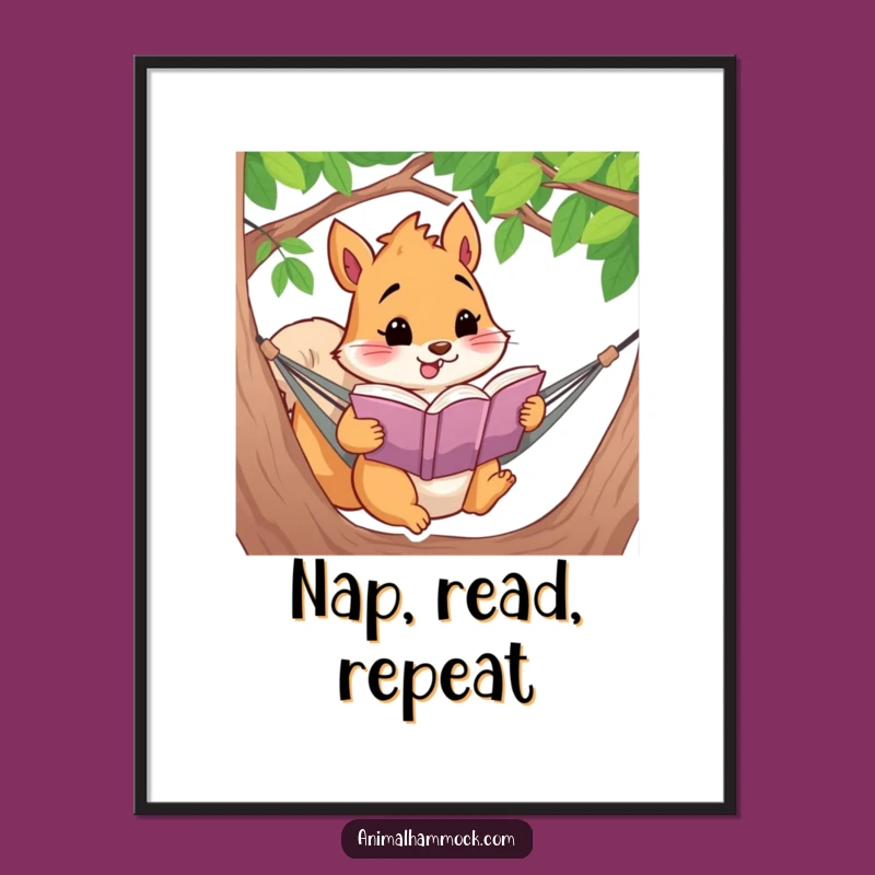Funny Squirrel Reading Poster: Whimsical Hammock Book Lover Wall Art Gift