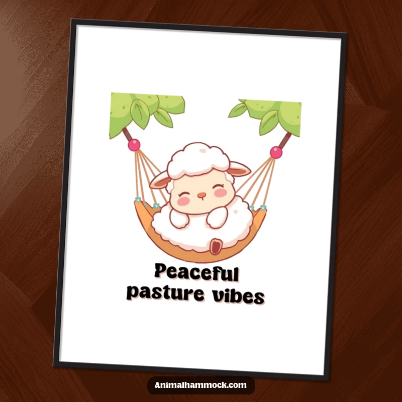 Funny poster showcasing a contented sheep lying peacefully in a hammock, embodying tranquility and gentle, fluffy humor.