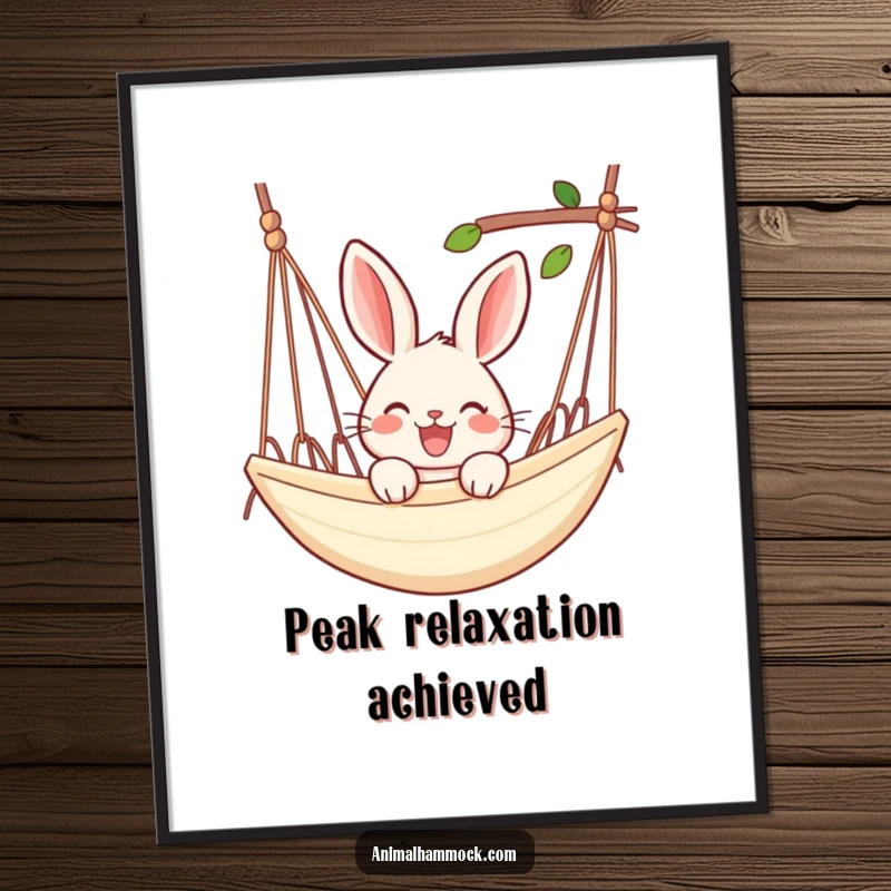 Funny rabbit poster depicting a joyful rabbit peeking over the edge of a hammock, offering relaxing and humorous wall art.