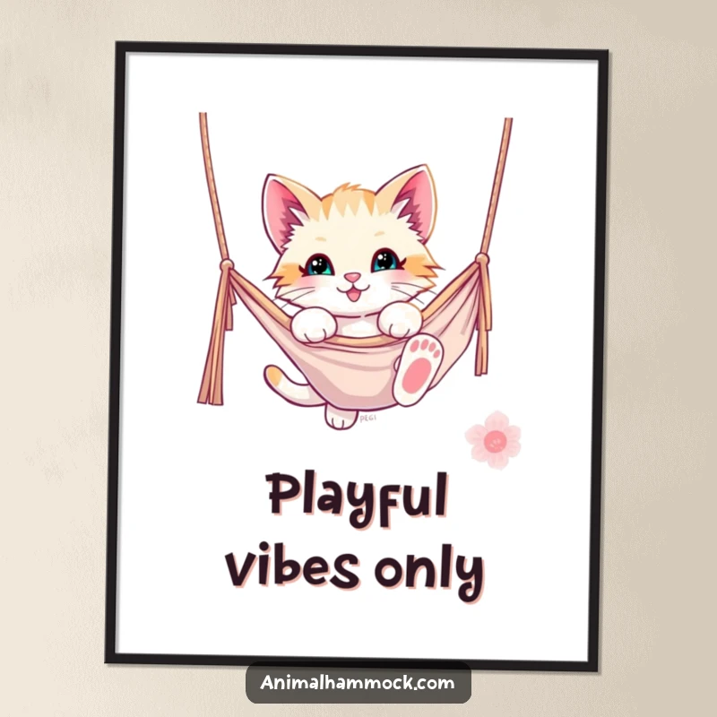 Funny kitten poster depicting a playful kitten happily dangling from a hammock, capturing pure joy and kitten antics. Perfect funny decor.