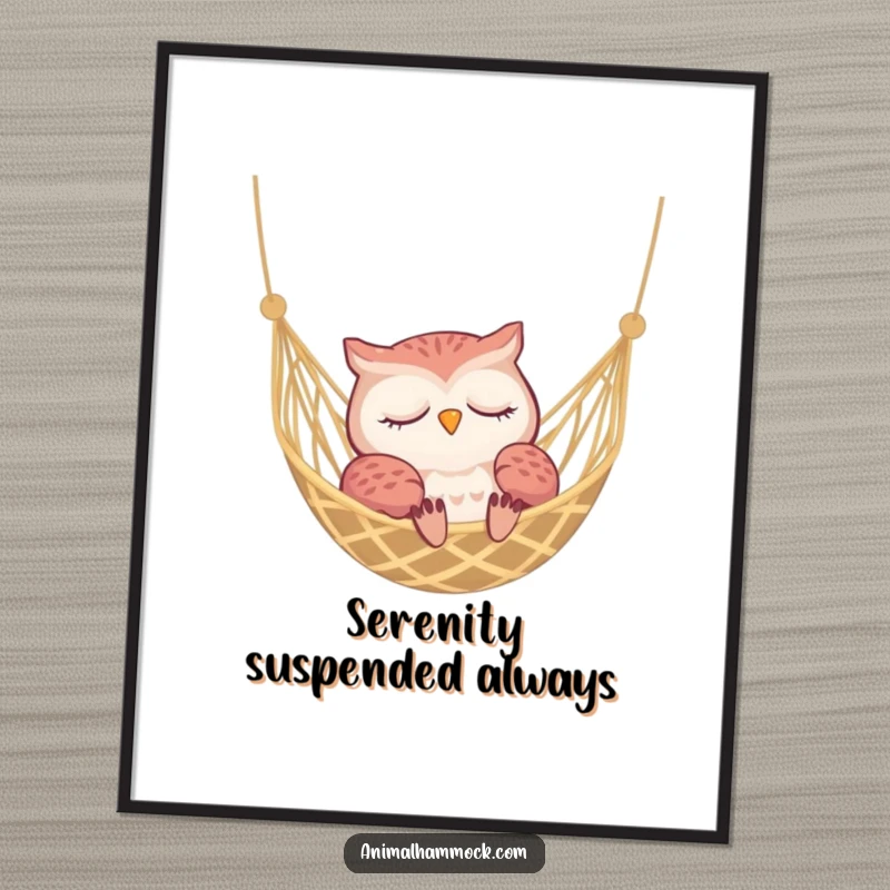 Funny sleepy owl snoozing peacefully in a woven hammock, a tranquil and humorous piece of art for posters.
