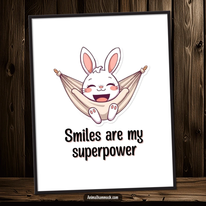 Funny bunny poster depicting a delighted bunny smiling broadly in a hammock, capturing pure joy and relaxation. Perfect funny decor.