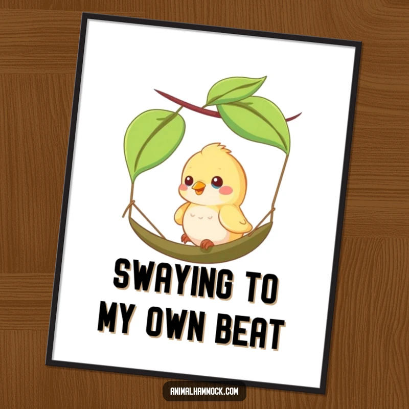 Funny poster depicting a happy bird mid-swing on a delicate leaf hammock, illustrating carefree joy amidst nature's beauty.