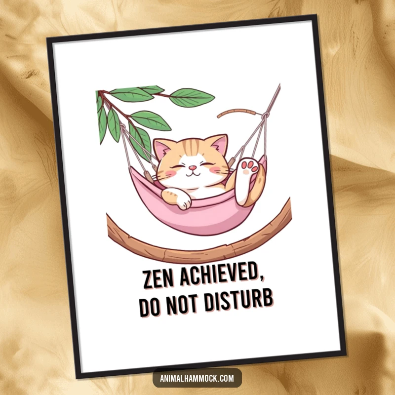 Funny Cat Poster: A humorous illustration of a cat stretching in a hammock, showcasing comedic relaxation and comfort, perfect wall art gift.