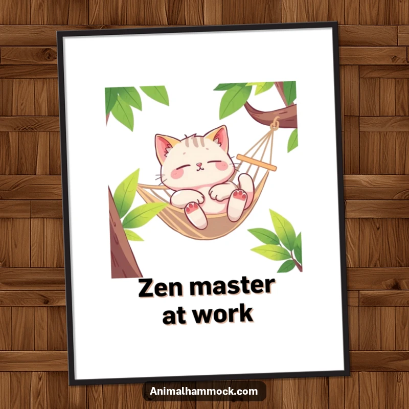 Funny Cat Poster, a euphoric cat character lounging deeply in a swaying hammock, creating a vibe of ultimate peace.