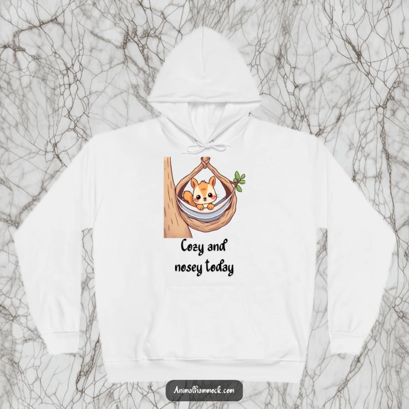 Funny hoodie depicting a curious squirrel peeking from its hammock within a warm, inviting nest, offering cozy, humorous warmth.