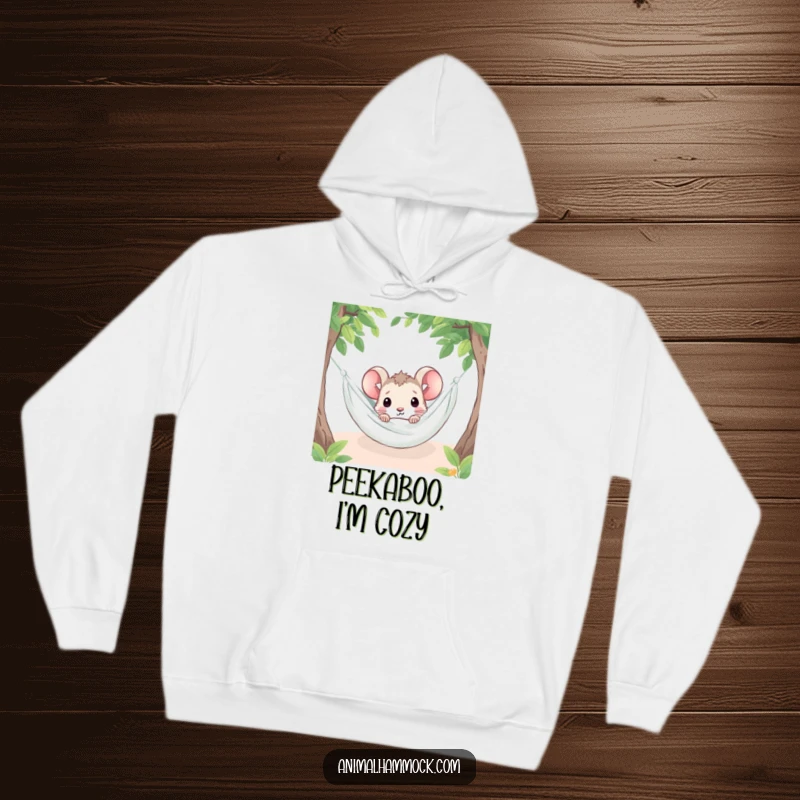 Funny mouse character peeking from under a warm hammock blanket, designed for a cozy and humorous hoodie.