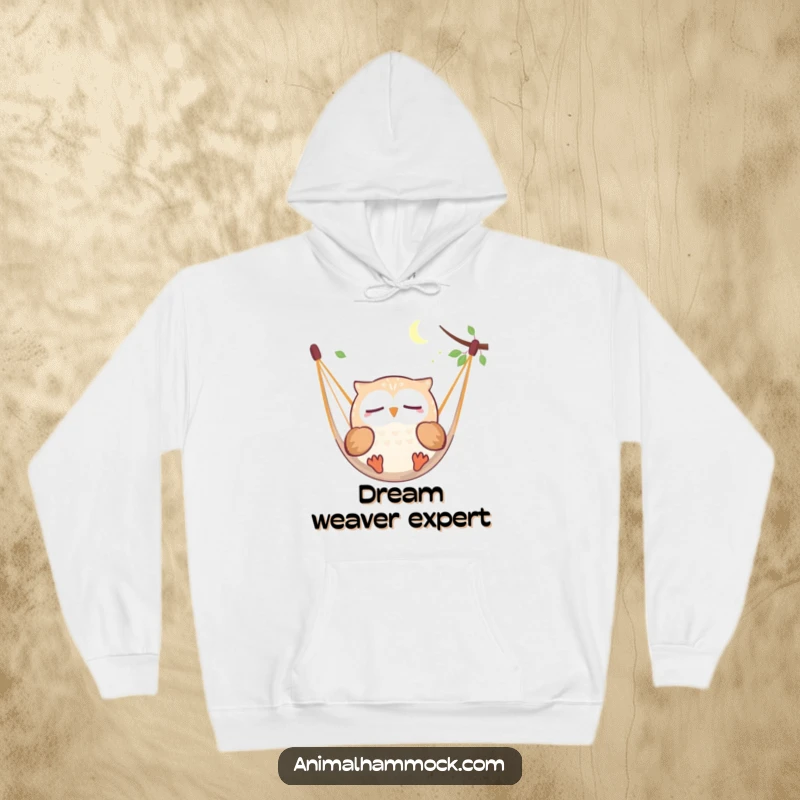 Funny, round owl character happily dreaming while floating in a hammock, designed for a cozy and humorous hoodie.