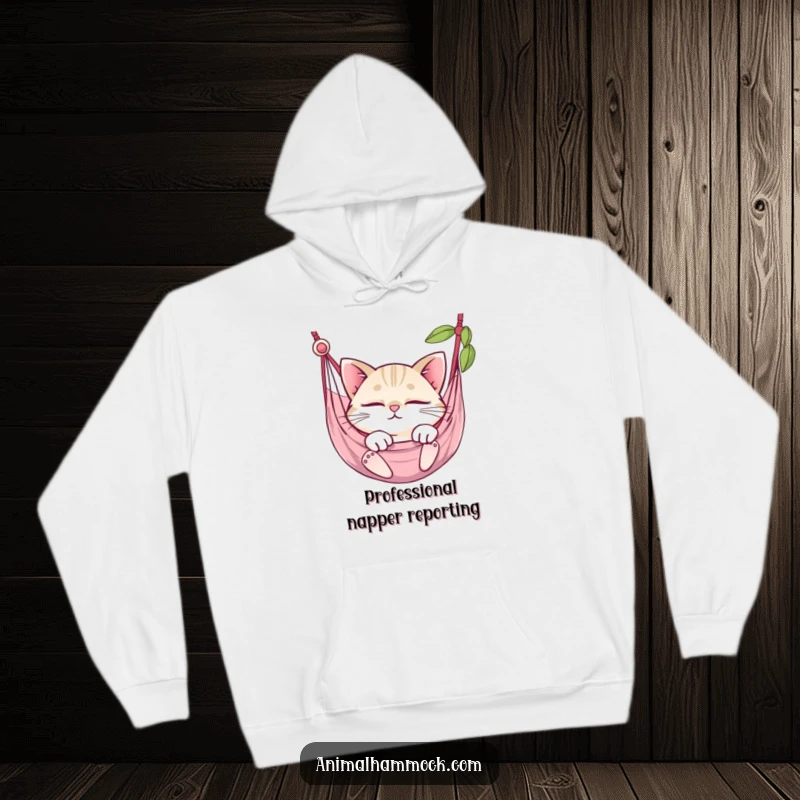 Funny round cat with large, dazzling eyes sleeping soundly in a hammock, printed on a warm, comfortable hoodie.