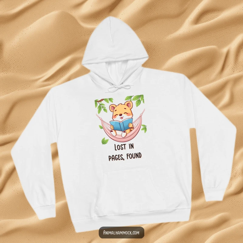 Funny hoodie illustration of a happy animal engrossed in reading a book while lounging in a hammock, embodying hilarious intellectual pursuits.