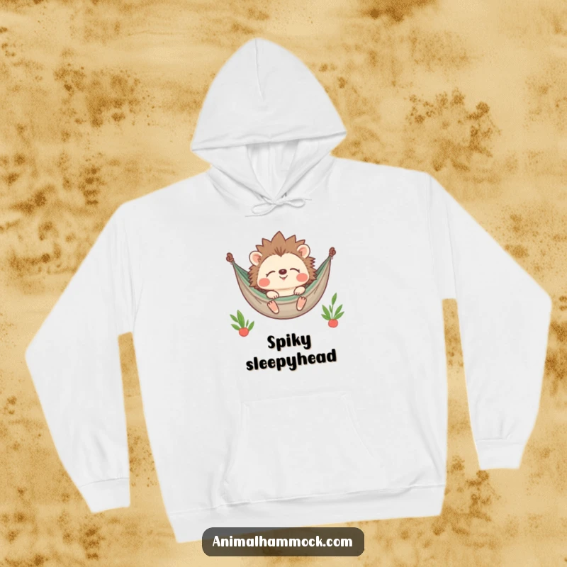 Funny Hedgehog Hoodie showing a contented character smiling with closed eyes while relaxing in a hammock, offering comfort and humorous charm.