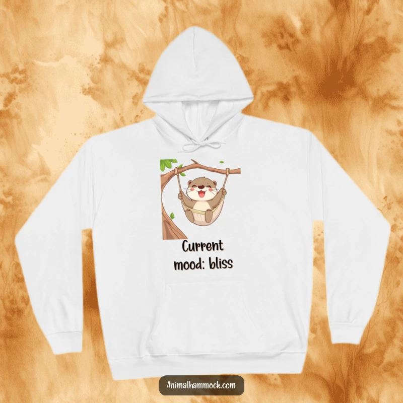 Funny Otter Hammock Hoodie showing a joyful otter swinging merrily in a hammock, perfect for cozying up.
