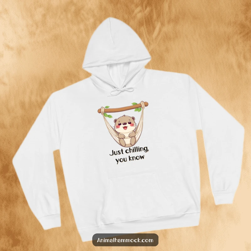 Funny otter hoodie of a happy otter relaxing in a hammock, perfect for cozy, humorous wear. A delightful gift for animal enthusiasts.