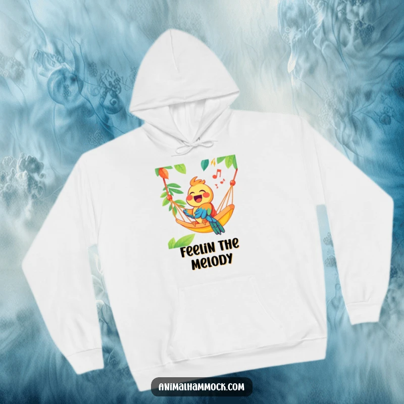 Funny joyous parrot singing from a brightly colored hammock, printed on a warm hoodie, radiating warmth, cheerfulness, and tropical energy.