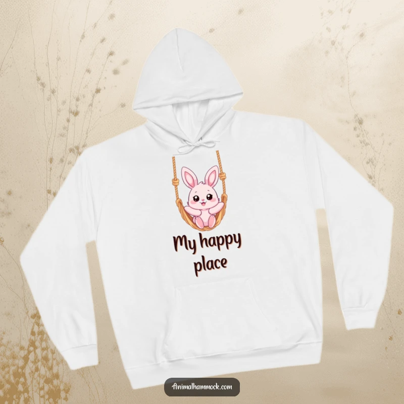 Funny hoodie featuring a fluffy pink bunny with big eyes, happily swinging on a knotted rope hammock.