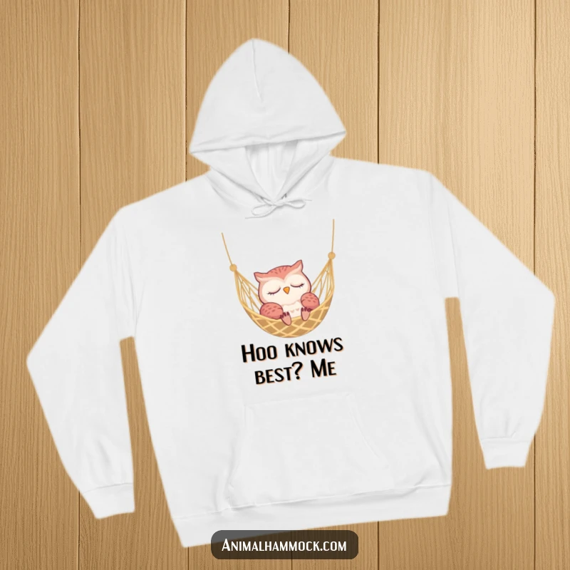Funny sleepy owl nestled in a hammock, perfect for a cozy and humorous hoodie design.