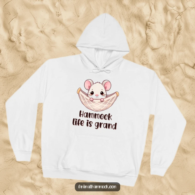 Funny mouse peeking from a hammock net, embodying pure relaxation on this warm hoodie. A heartwarming and humorous apparel choice.