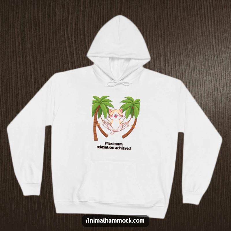Funny cat hoodie featuring a cat on a hammock between palm trees, perfect for cozying up with vacation dreams, a funny gift.