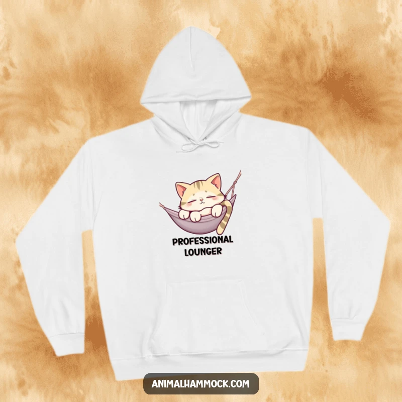 Funny hoodie featuring a sleepy cat draped over a hammock, symbolizing ultimate comfort and a hilariously lazy lifestyle.