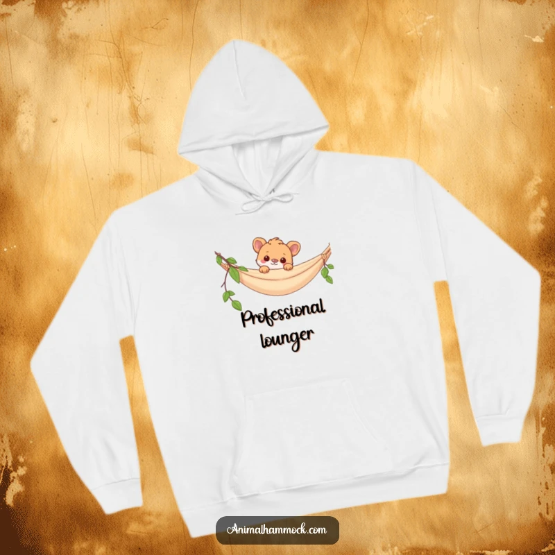 Funny hoodie with a sweet animal peeking over a hammock, conveying a sense of adventure and playful curiosity, cozy and warm.