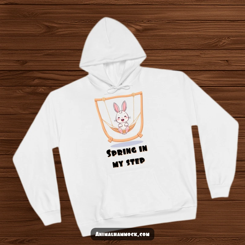 Funny cheerful bunny captured mid-bounce in a hammock, ideal for a cozy and humorous hoodie design.