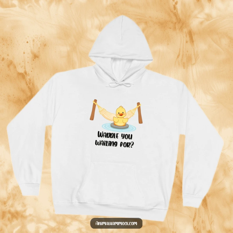 Funny Duckling Hoodie: A cheerful duckling happily paddling near a hammock, radiating comedic joy and playful energy, an excellent funny gift.