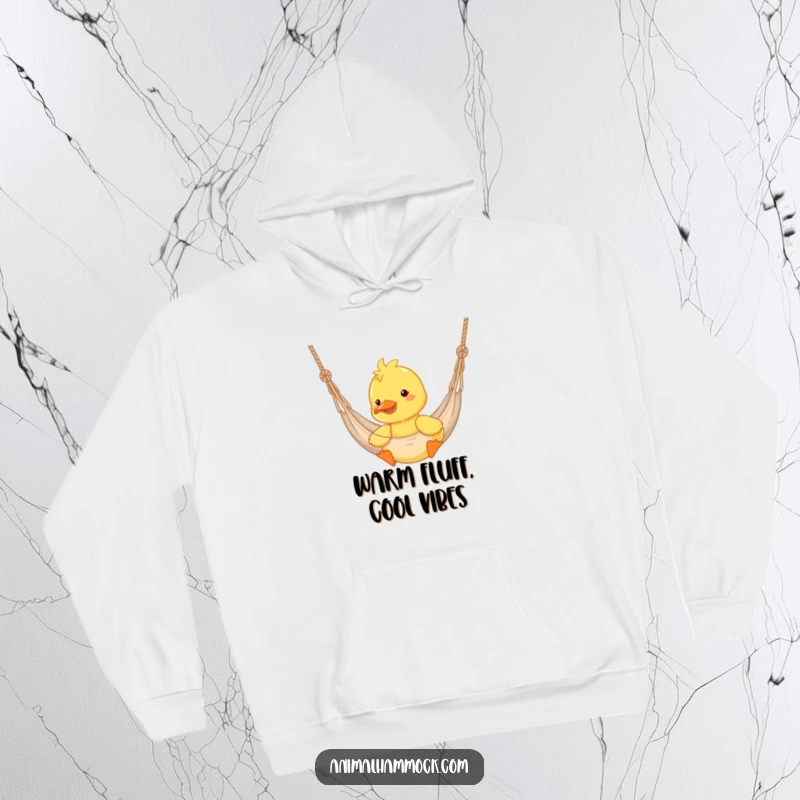 Funny duckling in a hammock, bouncing with glee on a cozy hoodie, a warm and humorous gift.