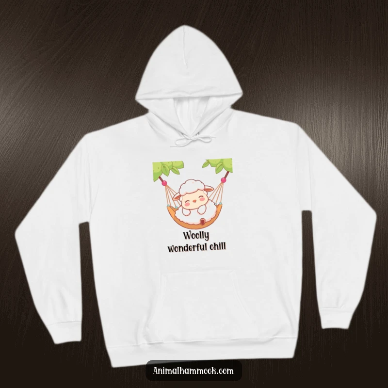 Funny hoodie featuring a contented sheep lying peacefully in a hammock, symbolizing ultimate comfort and serene relaxation.