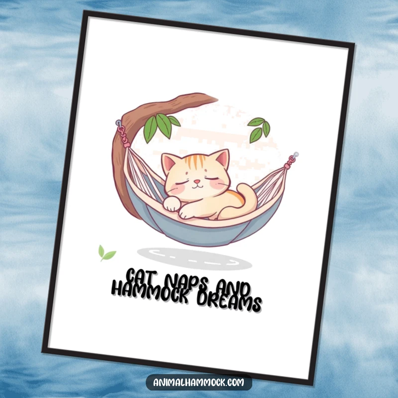 Funny Free Printable Wall Art: A sleepy cat peacefully dreaming in a hammock oasis, exuding tranquility and gentle humor.