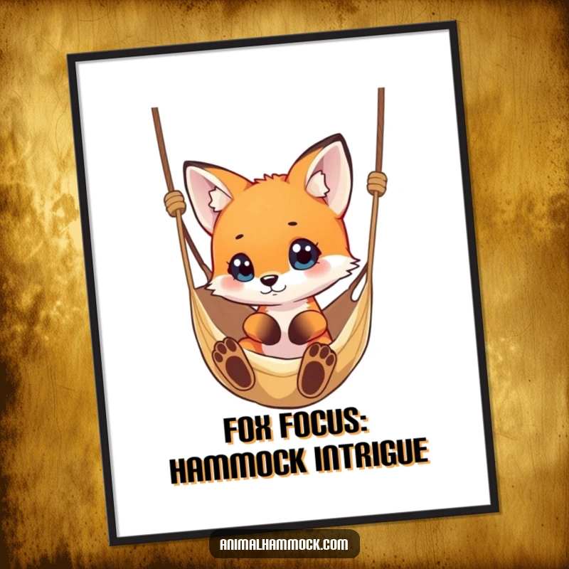 Funny Free Printable Wall Art: A small fox looking inquisitively at a hammock, creating a scene of delightful curiosity.