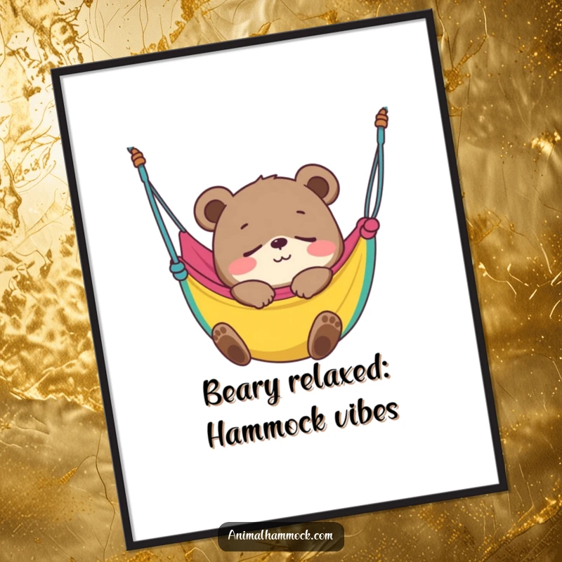 Funny Free Printable Bear Cub Wall Art: Smiling bear cub blissfully fast asleep in a colorful hammock, a peaceful and cozy scene.