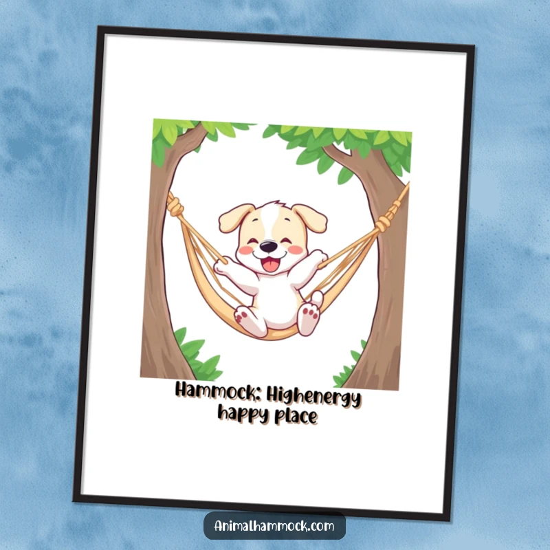 Funny Free Printable Wall Art of a playful puppy energetically bouncing in a hammock, radiating pure joy.