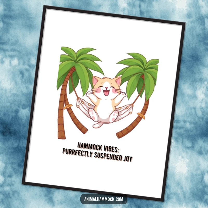 Funny Free Printable Cat Wall Art: A fluffy cat joyfully bouncing on a hammock between two palm trees, embodying pure relaxation.