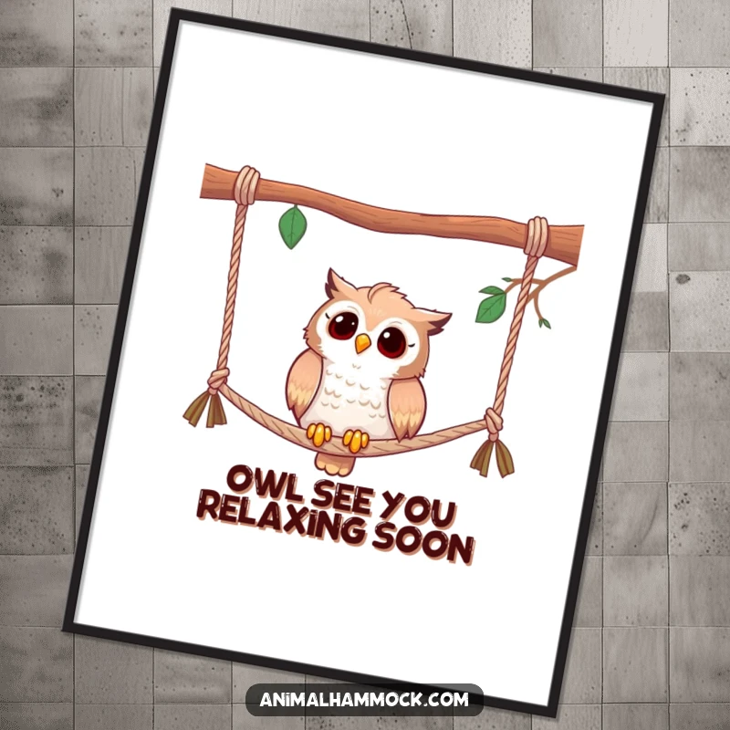 Funny Free Printable Wall Art of a curious owl perched on hammock ropes, adding a wise and quirky touch.