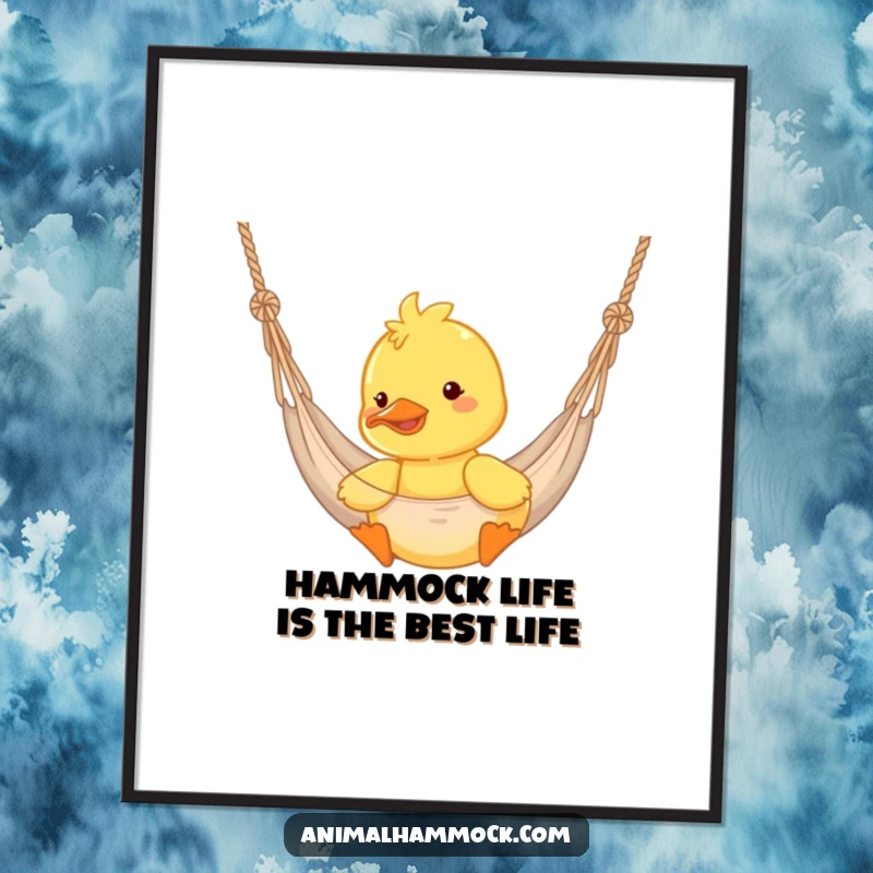 Funny Free Printable Wall Art: Yellow duckling joyfully bouncing in a hammock, exuding happiness and playful charm.