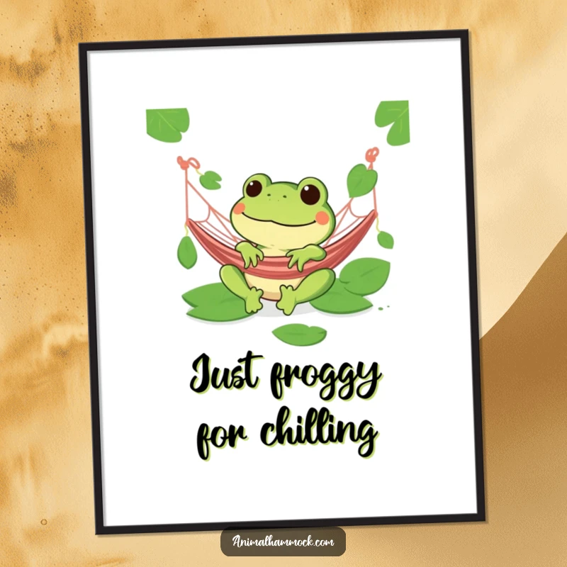 Funny Free Printable Wall Art: Green frog grinning, lounging in a hammock, exuding ultimate relaxation and humor.