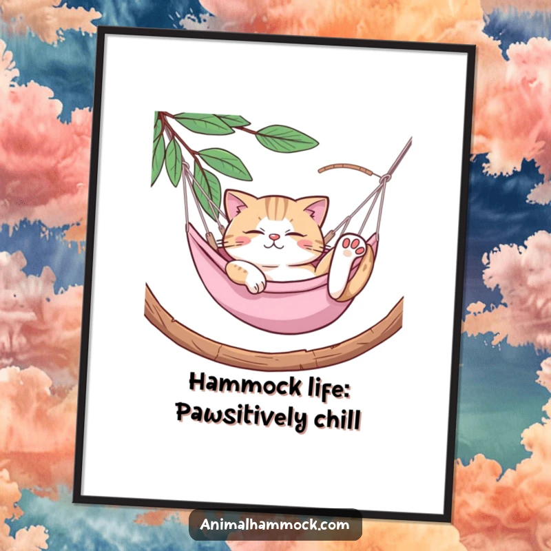 Funny Free Printable Wall Art of a relaxed cat stretching luxuriously in a hammock, radiating pure chill vibes.