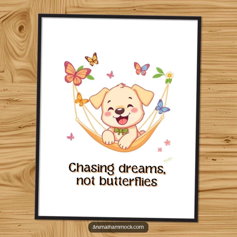 Funny Free Printable Wall Art of a smiling puppy excitedly jumping from a hammock to chase colorful butterflies.