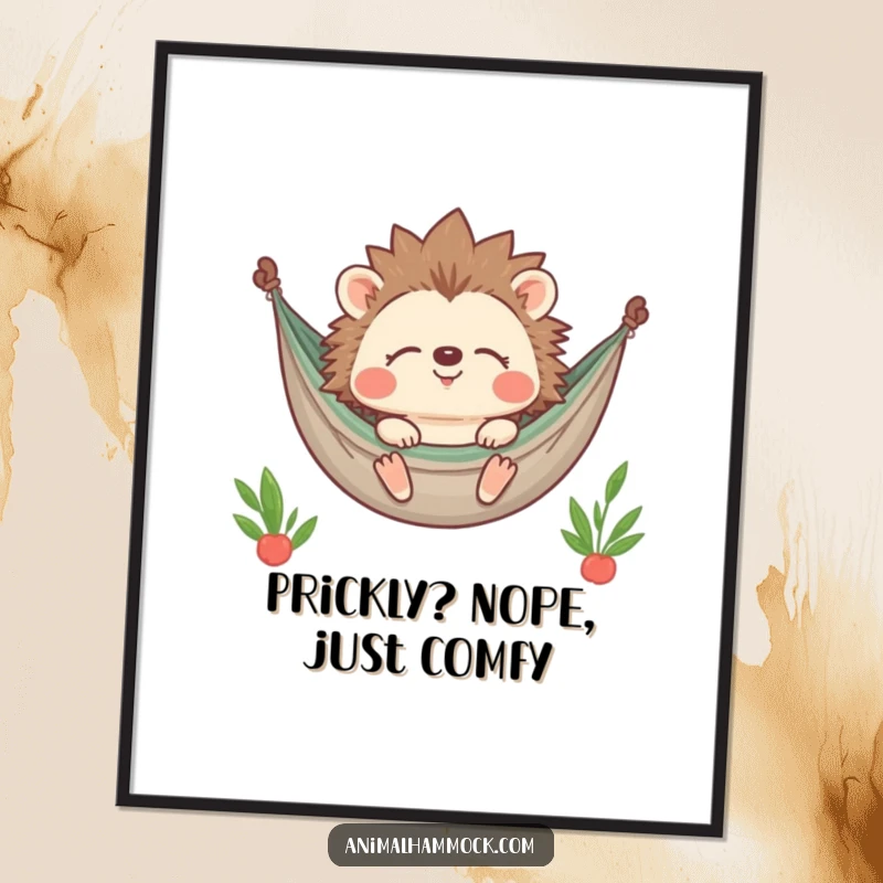 Funny Free Printable Hedgehog Wall Art: Contented hedgehog smiling with closed eyes in a hammock, a peaceful and charming addition.
