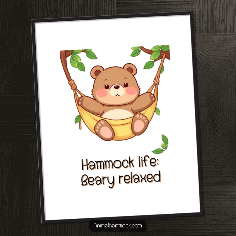 Funny Free Printable Wall Art: Chubby bear cub enjoying a leisurely sway in a hammock, perfect playful room decor.